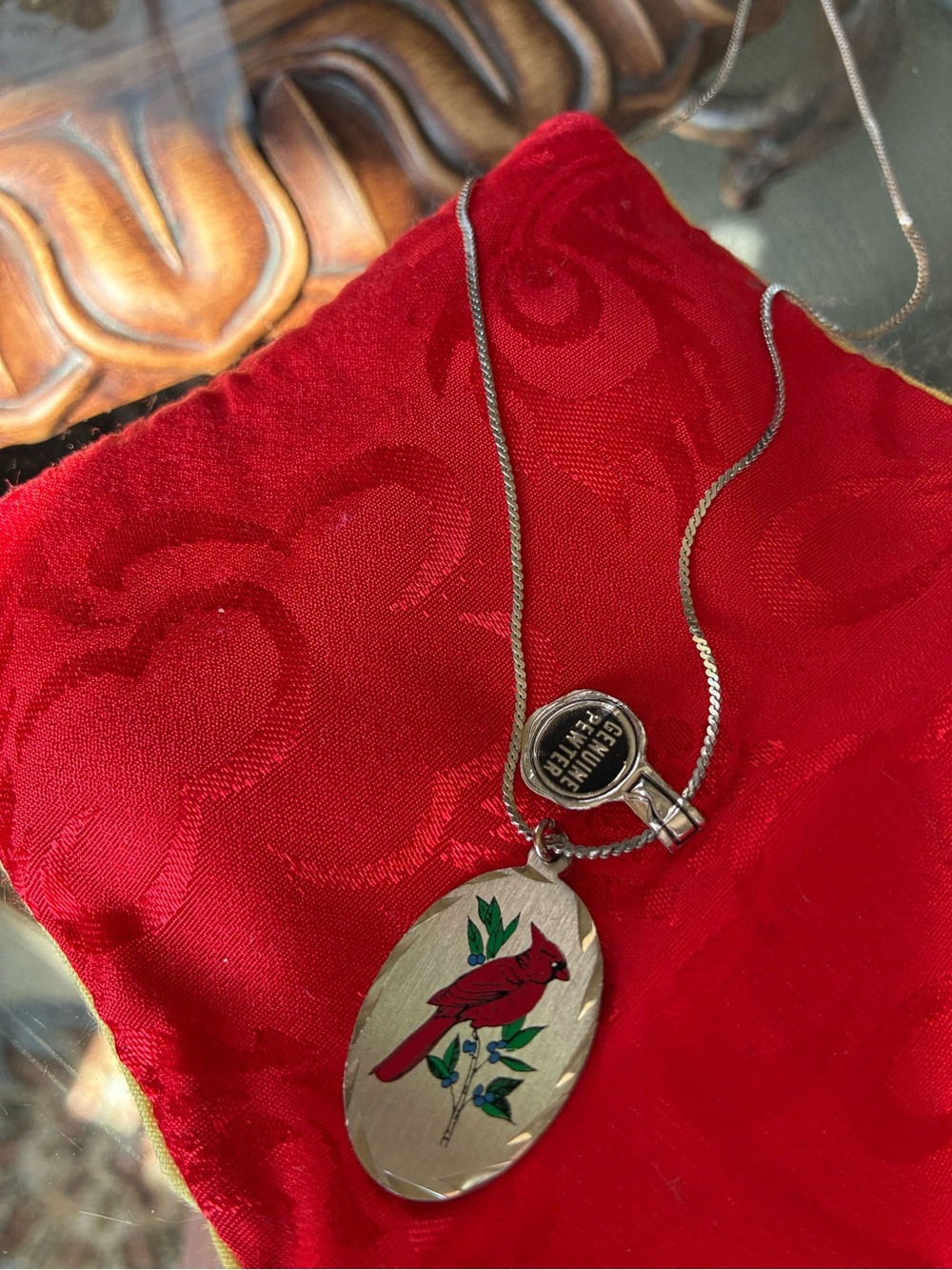 Vintage Cardinal Pendant Necklace - Red Enamel Bird on genuine pewter Oval
